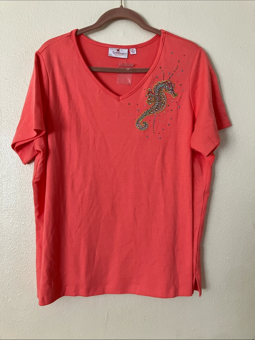 Quacker Factory Coral Embellished Seahorse T Shirt, 1X